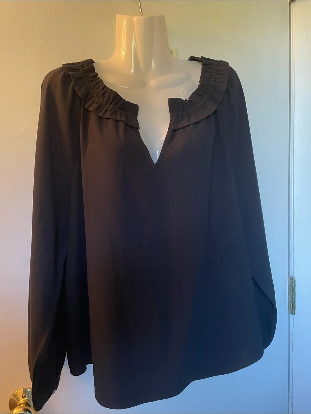 J. Crew Black Ruffle-Trim V-Neck Blouse with Long Sleeves
